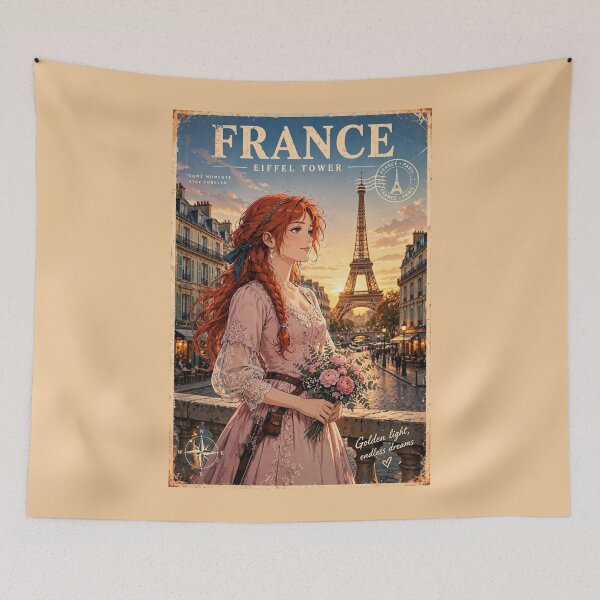 Item preview, France Paris Eiffel Tower with an Enchanting Redhead Traveler in a Romantic Pink Dress, Golden Sunset and Elegant Parisian Cityscape designed and sold by DibujandoPorfa.