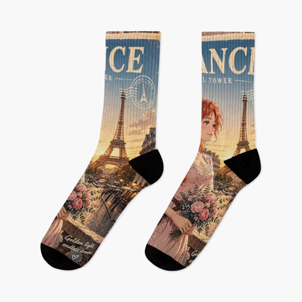 Item preview, France Paris Eiffel Tower with an Enchanting Redhead Traveler in a Romantic Pink Dress, Golden Sunset and Elegant Parisian Cityscape designed and sold by DibujandoPorfa.