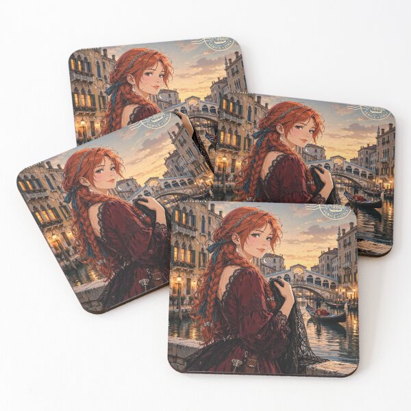 Item preview, Italy Venice Grand Canal with a Beautiful Redhead Traveler in an Elegant Burgundy Dress, Romantic Gondolas and Magical Evening Cityscape designed and sold by DibujandoPorfa.