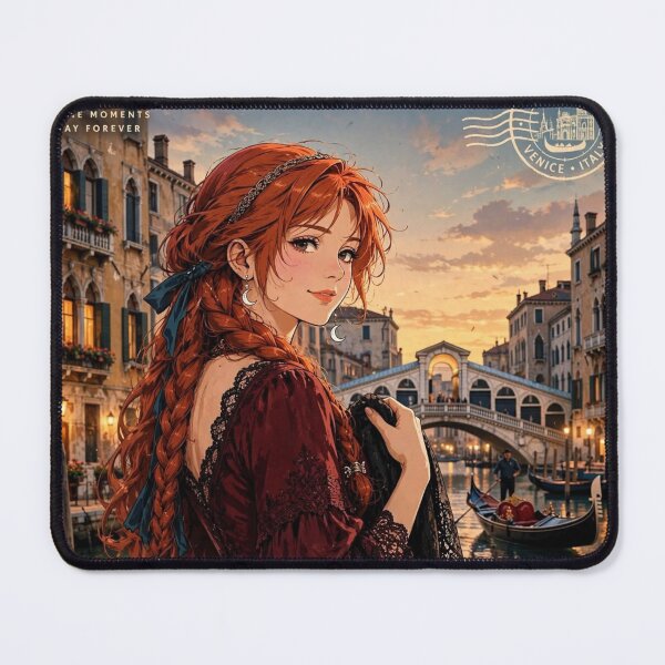 Item preview, Italy Venice Grand Canal with a Beautiful Redhead Traveler in an Elegant Burgundy Dress, Romantic Gondolas and Magical Evening Cityscape designed and sold by DibujandoPorfa.