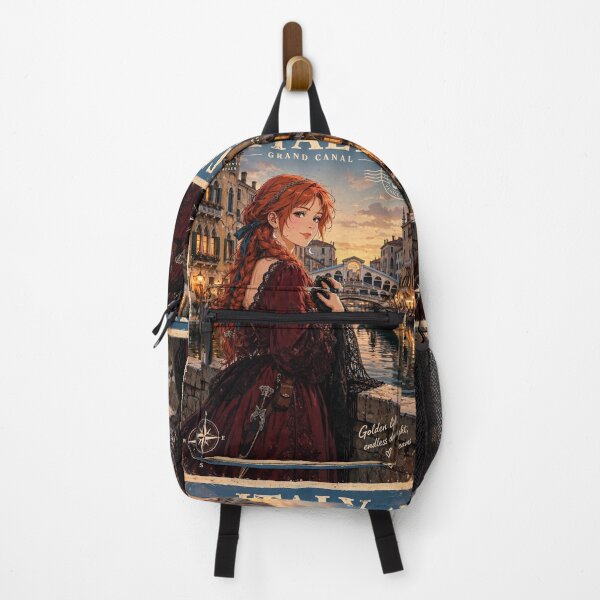 Item preview, Italy Venice Grand Canal with a Beautiful Redhead Traveler in an Elegant Burgundy Dress, Romantic Gondolas and Magical Evening Cityscape designed and sold by DibujandoPorfa.