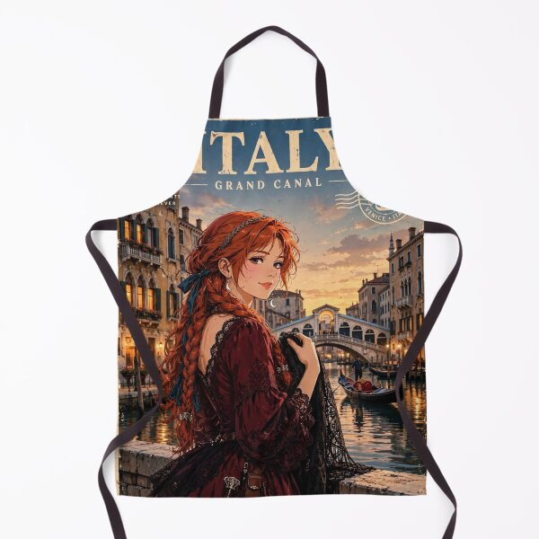 Item preview, Italy Venice Grand Canal with a Beautiful Redhead Traveler in an Elegant Burgundy Dress, Romantic Gondolas and Magical Evening Cityscape designed and sold by DibujandoPorfa.