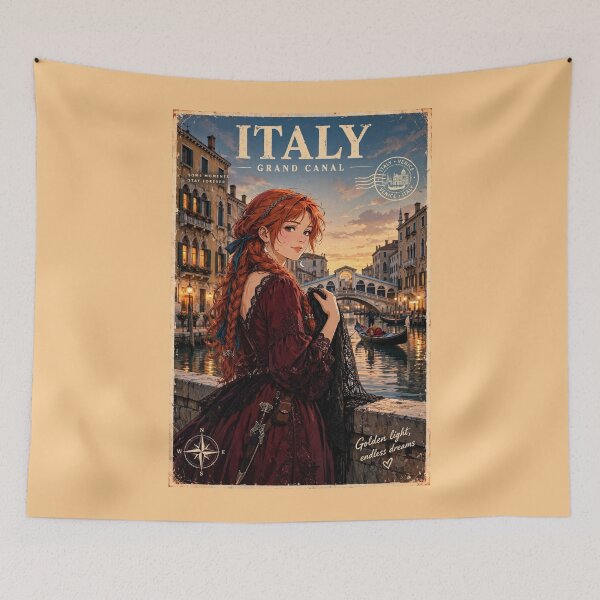 Item preview, Italy Venice Grand Canal with a Beautiful Redhead Traveler in an Elegant Burgundy Dress, Romantic Gondolas and Magical Evening Cityscape designed and sold by DibujandoPorfa.