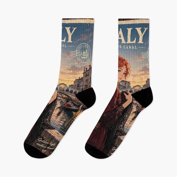 Item preview, Italy Venice Grand Canal with a Beautiful Redhead Traveler in an Elegant Burgundy Dress, Romantic Gondolas and Magical Evening Cityscape designed and sold by DibujandoPorfa.