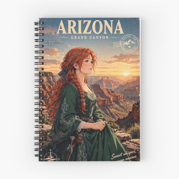 Item preview, United States Grand Canyon with a Graceful Redhead Traveler in an Elegant Emerald Dress, Dramatic Cliffs and Breathtaking Sunset Landscape designed and sold by DibujandoPorfa.