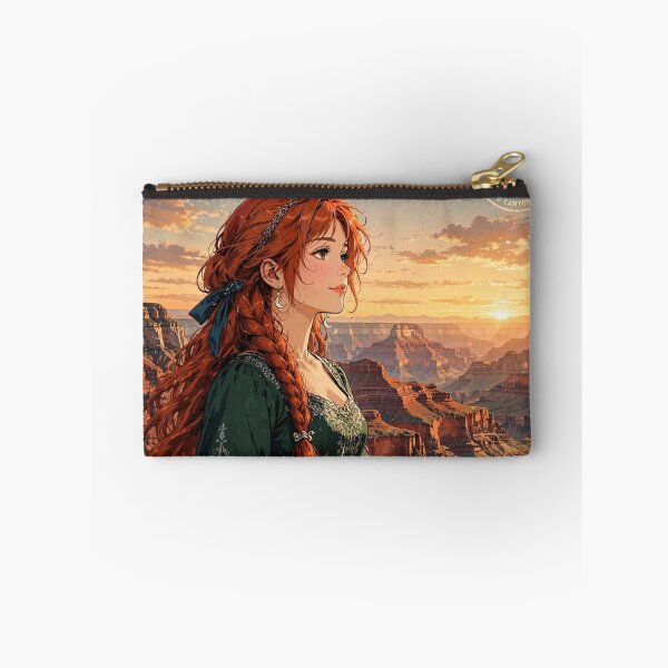 Item preview, United States Grand Canyon with a Graceful Redhead Traveler in an Elegant Emerald Dress, Dramatic Cliffs and Breathtaking Sunset Landscape designed and sold by DibujandoPorfa.