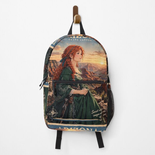 Item preview, United States Grand Canyon with a Graceful Redhead Traveler in an Elegant Emerald Dress, Dramatic Cliffs and Breathtaking Sunset Landscape designed and sold by DibujandoPorfa.