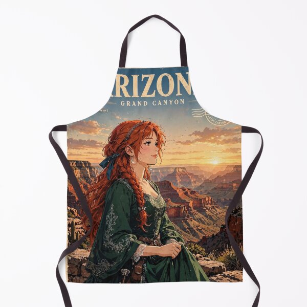 Item preview, United States Grand Canyon with a Graceful Redhead Traveler in an Elegant Emerald Dress, Dramatic Cliffs and Breathtaking Sunset Landscape designed and sold by DibujandoPorfa.