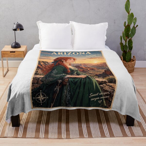 Item preview, United States Grand Canyon with a Graceful Redhead Traveler in an Elegant Emerald Dress, Dramatic Cliffs and Breathtaking Sunset Landscape designed and sold by DibujandoPorfa.
