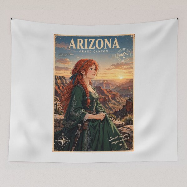 Item preview, United States Grand Canyon with a Graceful Redhead Traveler in an Elegant Emerald Dress, Dramatic Cliffs and Breathtaking Sunset Landscape designed and sold by DibujandoPorfa.