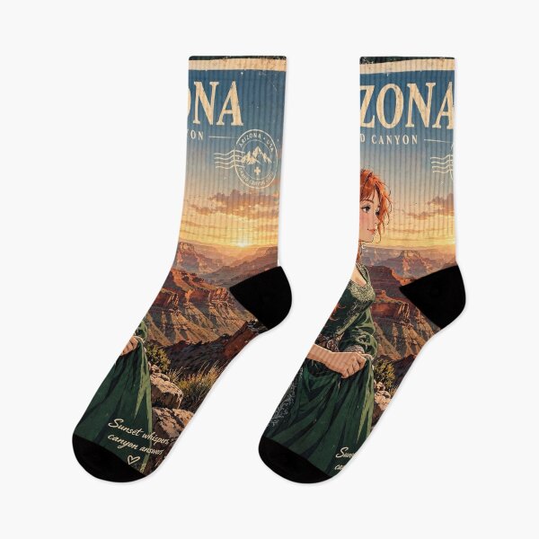 Item preview, United States Grand Canyon with a Graceful Redhead Traveler in an Elegant Emerald Dress, Dramatic Cliffs and Breathtaking Sunset Landscape designed and sold by DibujandoPorfa.