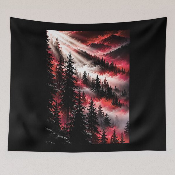 Item preview, Misty Pine Forest Under Crimson Sunbeams designed and sold by Faissal Thomass.