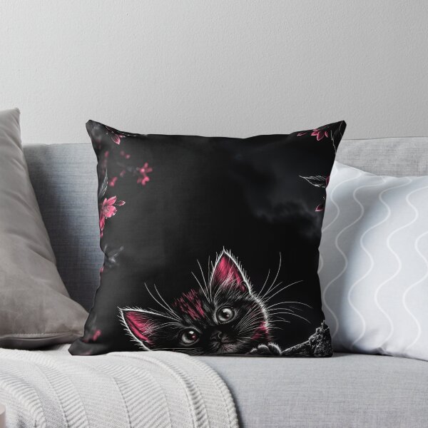 Item preview, Cute Fluffy Black Kitten With Pink Blossom Flowers designed and sold by Faissal Thomass.