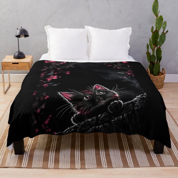 Item preview, Cute Fluffy Black Kitten With Pink Blossom Flowers designed and sold by Faissal Thomass.