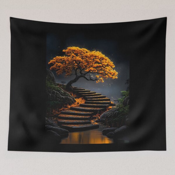 Item preview, Golden Autumn Tree Above Stone Water Steps designed and sold by Faissal Thomass.