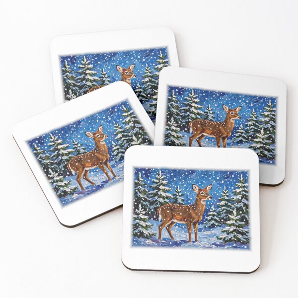 Artikelvorschau, Happy Little Winter Deer in Snowy Pines - Bob Ross Style Fan Art Holiday Gift entworfen und verkauft von KERK Art and Design.