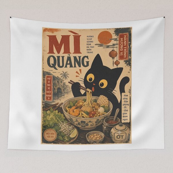 Item preview, Cat Eating Vietnamese Mi Quang Noodles - Retro Ukiyo-e designed and sold by PurrfectHome.