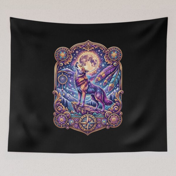 Item preview, Cosmic Wolf Howling Moon Feathers Compass designed and sold by NeuralLoft Frequency.