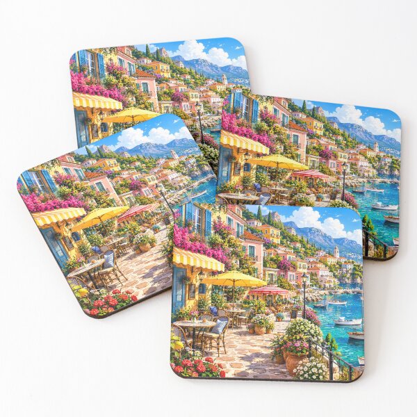 Item preview, Colorful Mediterranean Coastal Village Café Illustration designed and sold by Alaa-love-art.