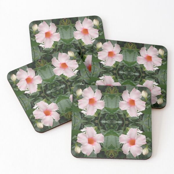 Item preview, Dipladenia with white and pink flowers, surrounded by vegetation, mirror image designed and sold by lyloubeaupere.