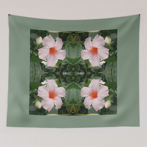 Item preview, Dipladenia with white and pink flowers, surrounded by vegetation, mirror image designed and sold by lyloubeaupere.