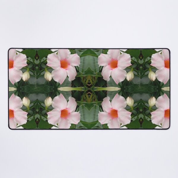 Item preview, Dipladenia with white and pink flowers, surrounded by vegetation, mirror image designed and sold by lyloubeaupere.