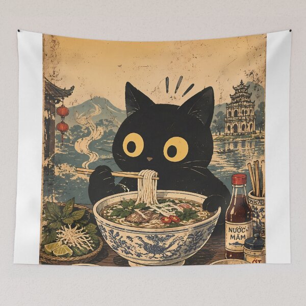 Item preview, Funny Black Cat Eating Vietnamese Pho Noodles Vintage Gift  designed and sold by PurrfectHome.