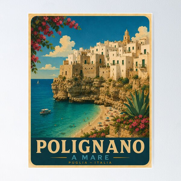 Item preview, Polignano a Mare Puglia Italia Vintage Travel Art designed and sold by Passeggiata Prints.