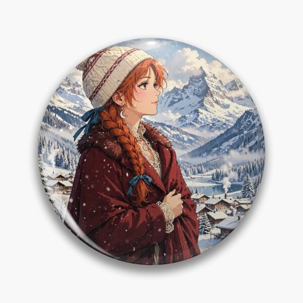 Item preview, Switzerland Swiss Alps with an Elegant Redhead Traveler in Burgundy Winter Fashion, Snowy Mountains and Enchanting Alpine Village Landscape designed and sold by DibujandoPorfa.