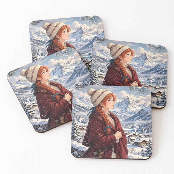 Item preview, Switzerland Swiss Alps with an Elegant Redhead Traveler in Burgundy Winter Fashion, Snowy Mountains and Enchanting Alpine Village Landscape designed and sold by DibujandoPorfa.