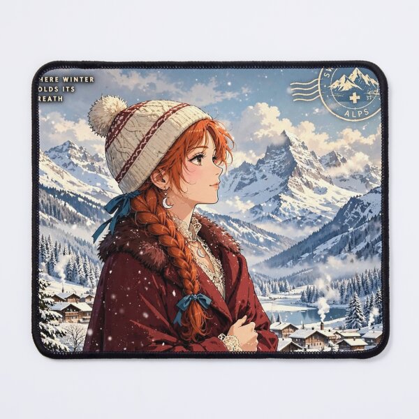 Item preview, Switzerland Swiss Alps with an Elegant Redhead Traveler in Burgundy Winter Fashion, Snowy Mountains and Enchanting Alpine Village Landscape designed and sold by DibujandoPorfa.