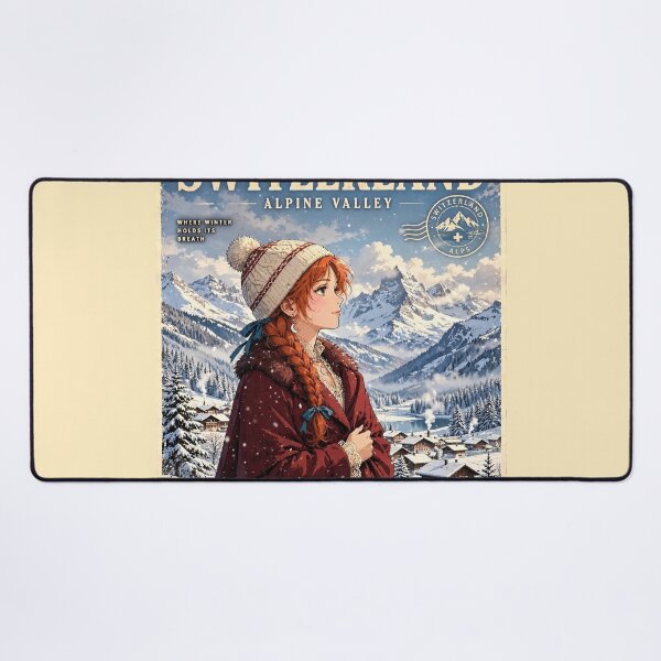 Item preview, Switzerland Swiss Alps with an Elegant Redhead Traveler in Burgundy Winter Fashion, Snowy Mountains and Enchanting Alpine Village Landscape designed and sold by DibujandoPorfa.