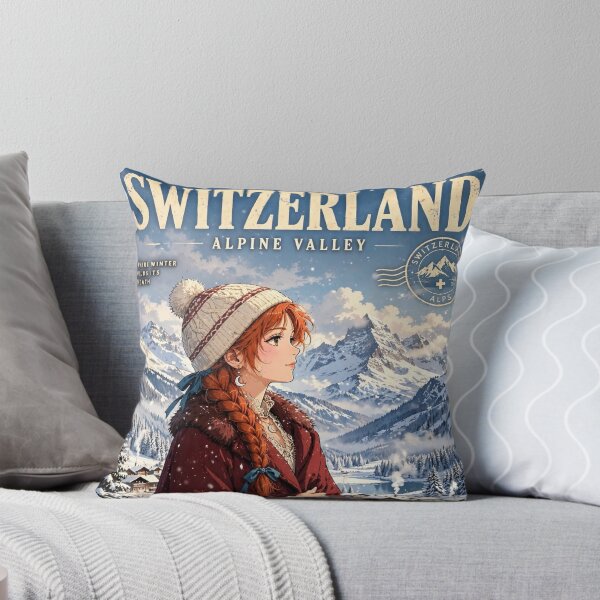 Item preview, Switzerland Swiss Alps with an Elegant Redhead Traveler in Burgundy Winter Fashion, Snowy Mountains and Enchanting Alpine Village Landscape designed and sold by DibujandoPorfa.