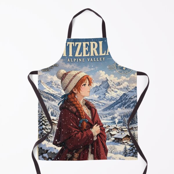 Item preview, Switzerland Swiss Alps with an Elegant Redhead Traveler in Burgundy Winter Fashion, Snowy Mountains and Enchanting Alpine Village Landscape designed and sold by DibujandoPorfa.