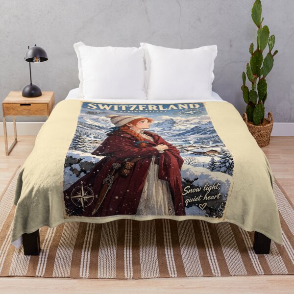 Item preview, Switzerland Swiss Alps with an Elegant Redhead Traveler in Burgundy Winter Fashion, Snowy Mountains and Enchanting Alpine Village Landscape designed and sold by DibujandoPorfa.