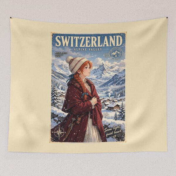 Item preview, Switzerland Swiss Alps with an Elegant Redhead Traveler in Burgundy Winter Fashion, Snowy Mountains and Enchanting Alpine Village Landscape designed and sold by DibujandoPorfa.