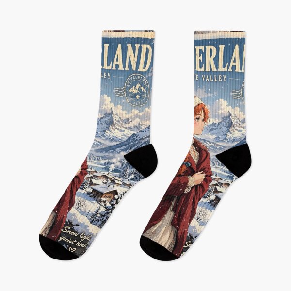 Item preview, Switzerland Swiss Alps with an Elegant Redhead Traveler in Burgundy Winter Fashion, Snowy Mountains and Enchanting Alpine Village Landscape designed and sold by DibujandoPorfa.