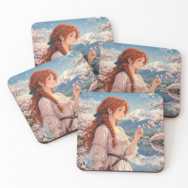Item preview, Japan Mount Fuji with a Sweet Redhead Traveler in a Delicate Pink and White Dress, Cherry Blossoms and Peaceful Lake Landscape designed and sold by DibujandoPorfa.