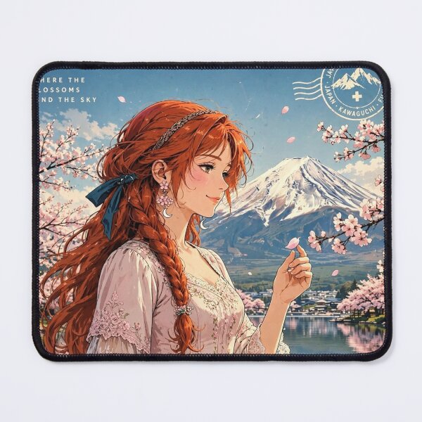 Item preview, Japan Mount Fuji with a Sweet Redhead Traveler in a Delicate Pink and White Dress, Cherry Blossoms and Peaceful Lake Landscape designed and sold by DibujandoPorfa.