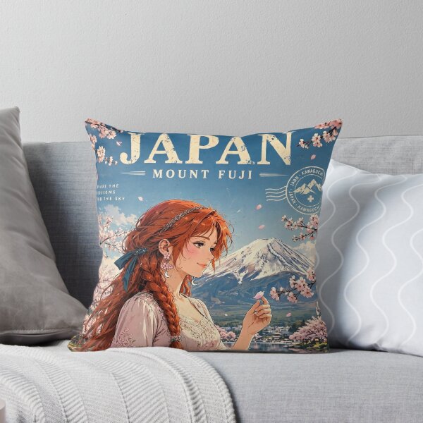 Item preview, Japan Mount Fuji with a Sweet Redhead Traveler in a Delicate Pink and White Dress, Cherry Blossoms and Peaceful Lake Landscape designed and sold by DibujandoPorfa.