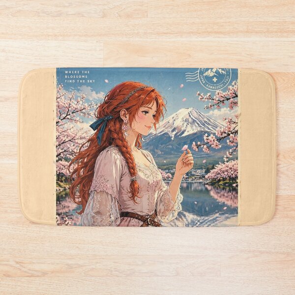 Item preview, Japan Mount Fuji with a Sweet Redhead Traveler in a Delicate Pink and White Dress, Cherry Blossoms and Peaceful Lake Landscape designed and sold by DibujandoPorfa.