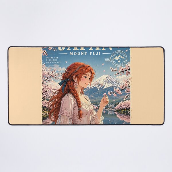 Item preview, Japan Mount Fuji with a Sweet Redhead Traveler in a Delicate Pink and White Dress, Cherry Blossoms and Peaceful Lake Landscape designed and sold by DibujandoPorfa.