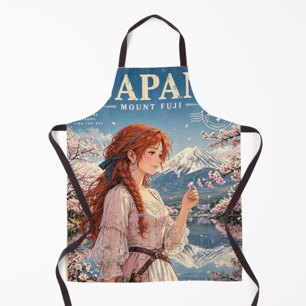 Item preview, Japan Mount Fuji with a Sweet Redhead Traveler in a Delicate Pink and White Dress, Cherry Blossoms and Peaceful Lake Landscape designed and sold by DibujandoPorfa.