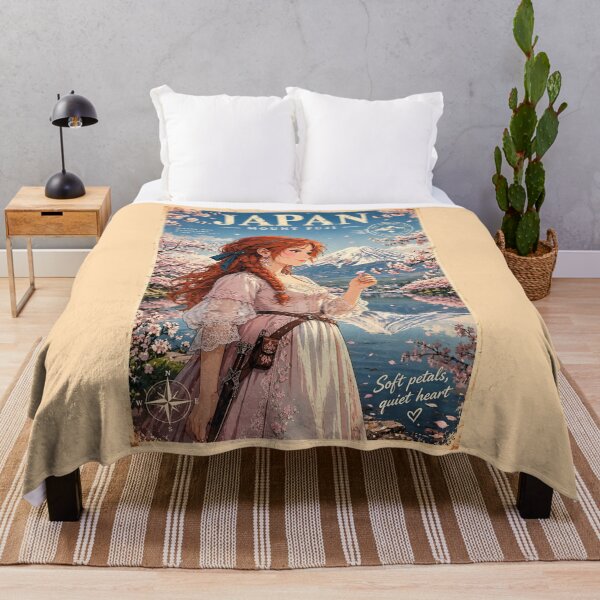 Item preview, Japan Mount Fuji with a Sweet Redhead Traveler in a Delicate Pink and White Dress, Cherry Blossoms and Peaceful Lake Landscape designed and sold by DibujandoPorfa.