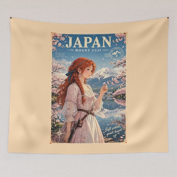Item preview, Japan Mount Fuji with a Sweet Redhead Traveler in a Delicate Pink and White Dress, Cherry Blossoms and Peaceful Lake Landscape designed and sold by DibujandoPorfa.