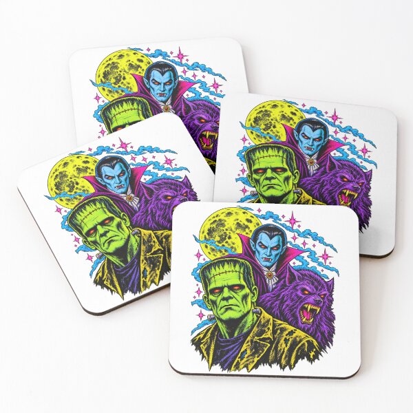 Item preview, Midnight Monster Frankenstein Wolfman Dracula Vampire Trio – Retro Neon Classic Horror Art designed and sold by WolfmanProphecy.