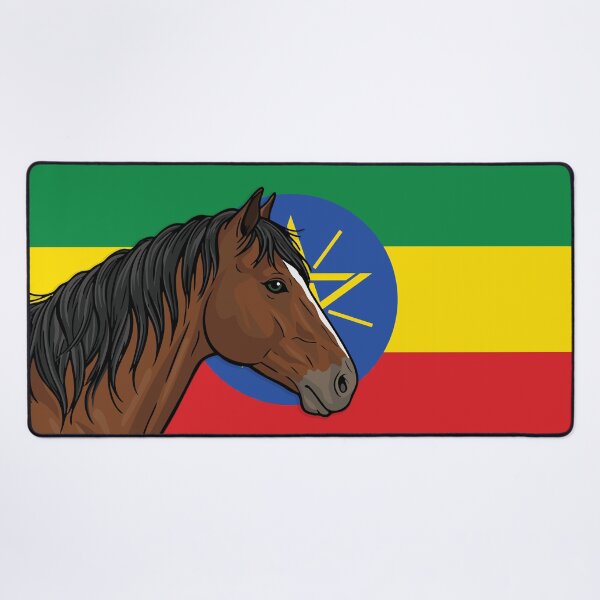 Item preview, The head of the Abyssinian horse in front of the Ethiopian flag designed and sold by Cheval-de-coeur.
