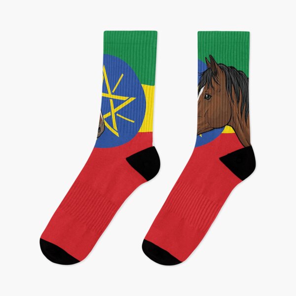 Item preview, The head of the Abyssinian horse in front of the Ethiopian flag designed and sold by Cheval-de-coeur.