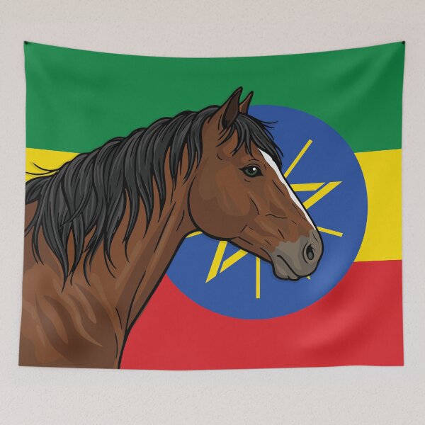 Item preview, The head of the Abyssinian horse in front of the Ethiopian flag designed and sold by Cheval-de-coeur.