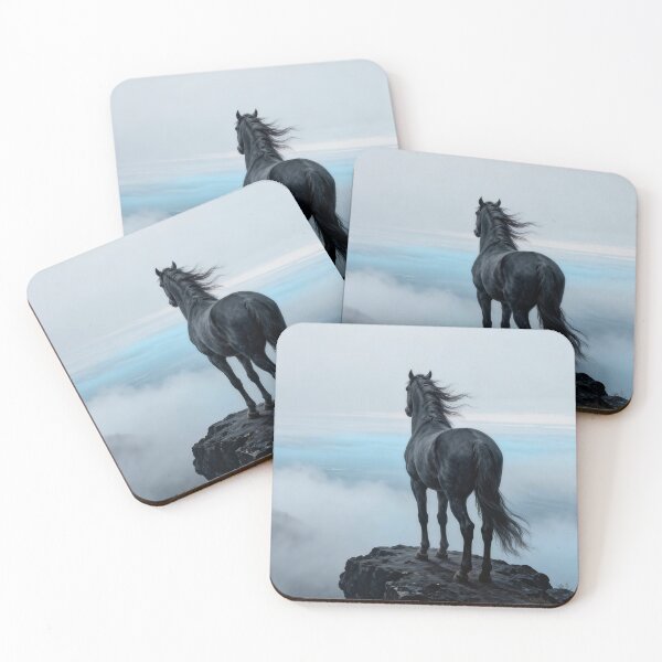Item preview, Black Horse Standing on Cliff Looking at Misty Valley designed and sold by KAMOCHI Art.